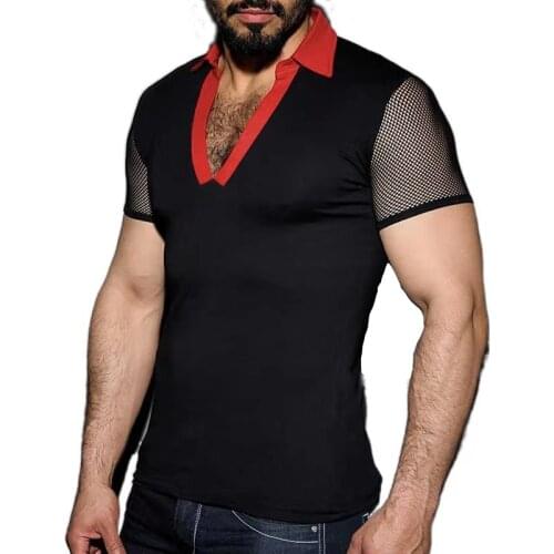 New Sexy Mesh Men Tee Shirt Brand Polos Nightclub Hollow out Clothes Covrlge Polo Shirt Men Summer Stritching Short Sleeve Shirt