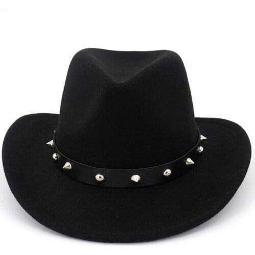 Wide Brim Wool Felt Panama Cowboy Hat Jazz Fedora Trilby Hats with Rivet Belt Band Formal Top Hat Chapeau Sombrero for Men Women
