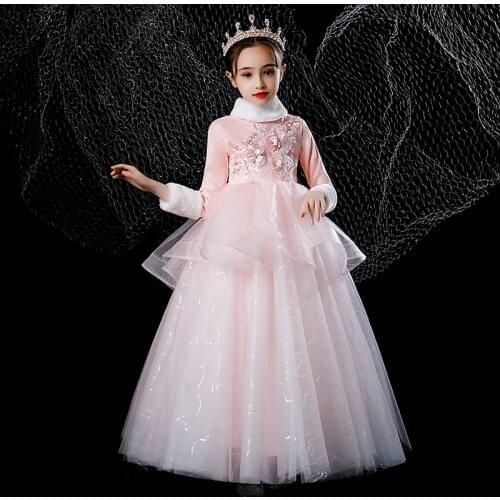 Flower Girl Dresses Appliques Princess Lace Sequined Ball Gown Crystal Pearls Floor-Length Tulle Embroidery Kid Party Dress H004