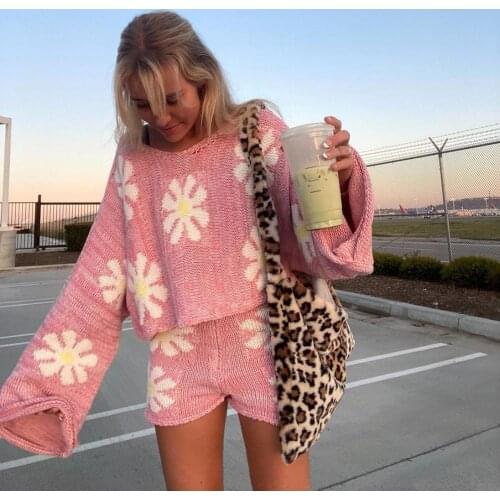 Adogirl Casual Floral Print Knitted Two-Piece Suit Women Long Sleeve And Shorts Sets Matching Outfit 2021 Summer Streetwear