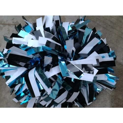 Professional Cheerleader Pom poms 3/4"x 6" Metallic light blue /black / white custom color baton handle