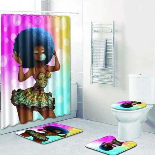 Sexy Skirt Girl Bathroom Curtain Waterproof Fabric Blowing Bubble Gum Curls African Women Shower Curtain and Bath Mat Cover Set