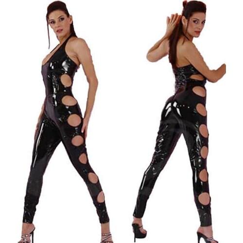Sexy Wetlook Black Catwomen Jumpsuit PVC Latex Catsuit Costumes for Women Body Suits Hollow Out Fetish Leather Cloth Plus Size