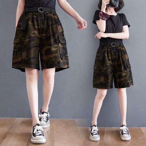 Korean Look Thin Wide Leg Shorts Women 2021 Summer New High Waist Slim Loose Camouflage Five-point Big Pocket Shorts Streetwear