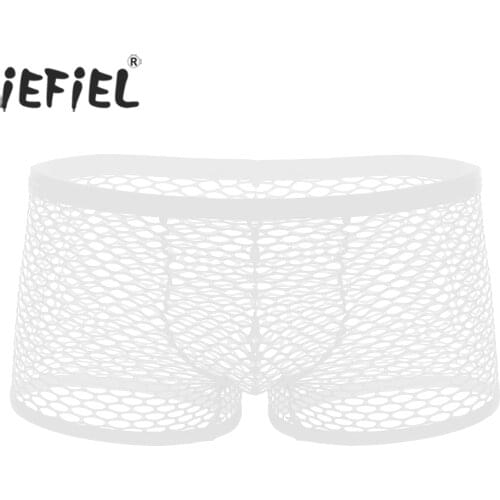 Mens Fishnet Lingerie Panties Breathable Mesh See Through Sheer Hollow Out Low Rise Boxer Briefs Gay Male Mens Underwear