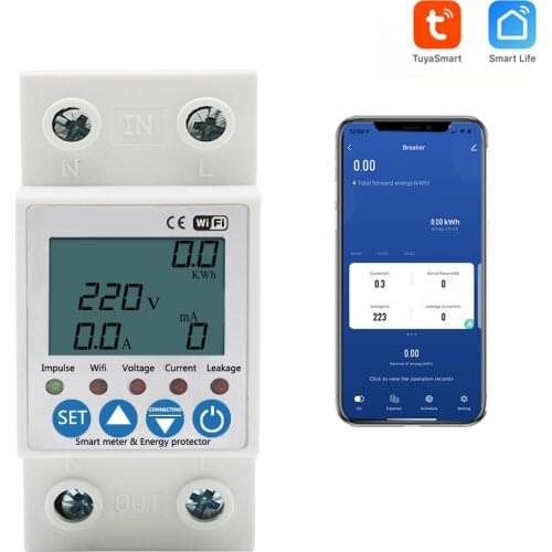 2P 63A TUYA APP WiFi Smart Circuit Earth Leakage Over Under Voltage Protector Relay Device Switch Breaker Energy Power kWh Meter
