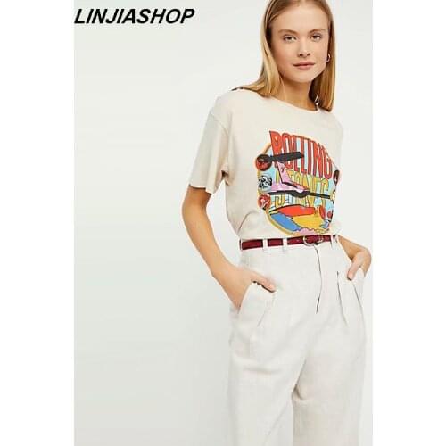Vintage Beige Rolling Stones Summer Tshirt Rock Cartoon O Neck Cotton T-Shirt Girls Streetwear Designer Style New Arrivals 2019