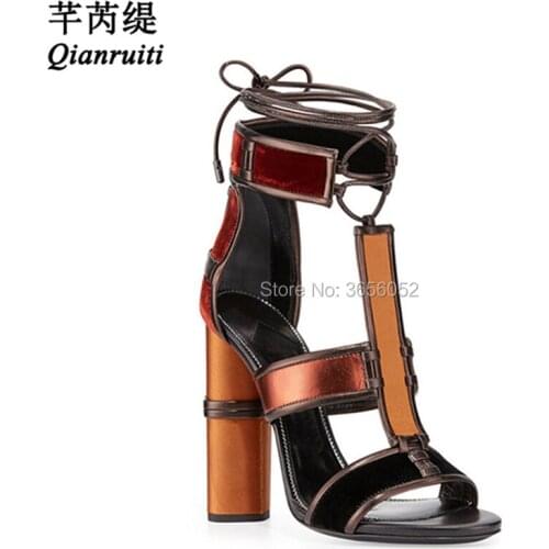 Qianruiti Designer Shoes Woman Velvet And Satin Paneled Leather Sandal Caged Summer Boots Chunky Heels Lace Up Gladiator Sandals