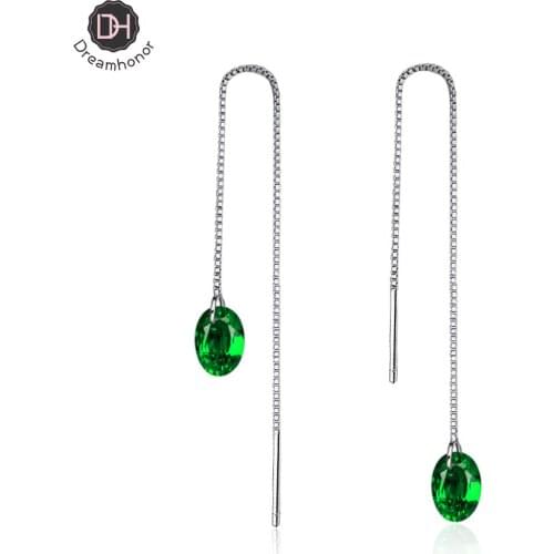 Dreamhonor Fashion Female Long Ear Line 925 Silver Earrings Green Crystal Zircon Female Earrings Jewelry