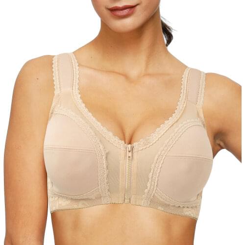 Front Closure Unlined Women Bra Lace Back Wire Free Solid Full Cup Everyday Adjusted-Straps Drop Shipping New Ladies Underwear