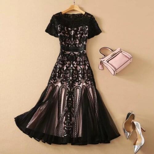 Summer High Quality Women Lace 2021 Runway Fashion Flower Embroiery Sequined Black White Ruffles Elegant Dress