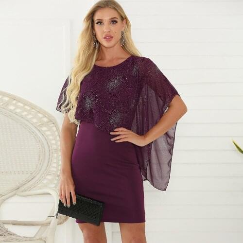 Plus Size Women Mini Dress Hot Drill Patchwork Ruffle Fake two Dresses Casual Female Short Sleeve O Neck Slim Elegant Cape Dress