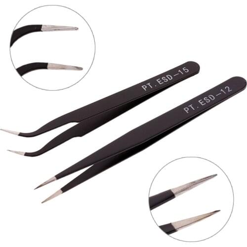2Pcs/Set Anti-static Tweezers Curved Stainless Tip Forceps Precision Soldering Set Electronic Tweezers Tool Eyelashes Tool
