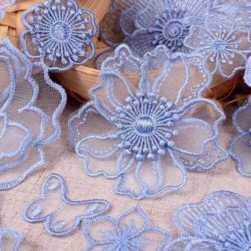 Sky Blue Transparent Lace Embroidery Patches for Clothing Sew Iron Organza Flower Butterfly Applique on Clothes Stripe Sticker