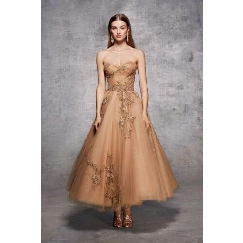 Champagne Ankle Length Appliques Prom Dresses 2021 Sweetheart A Line Formal Evening Party Dress vestidos de gala