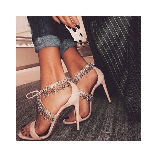 Great Quality Girls Bling Bling Crystal Sandals Tie-up Single Strap Dress Shoes Ankle Rhinestone Stiletto Heel Wedding Sandals