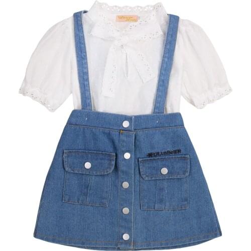 New 2 Pieces Kids Suit Set, Girls Lace Trim Stand Collar Elbow Sleeve Shirt+ Suspender Skirt for Summer, 2-10 Years