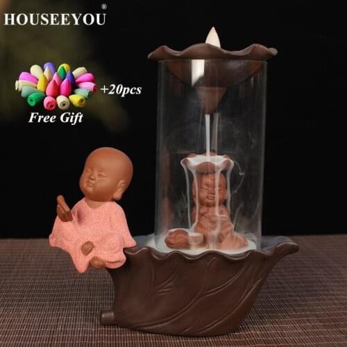 Creative Little Monk Waterfall Backflow Incense Burner with Glass Cover Ceramic Incense Holder Buddha Aroma Censer Home Decor