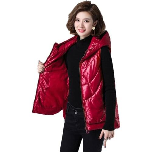 Vest Coat Women Spring Autumn New Red Black Slim Warm Tops Korean Fashion Casual Sleeveless Hooded Down Cotton Jacket 2021 N1287