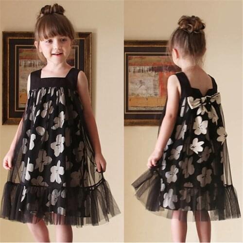 Summer Dress for Girls Black Flowers Mesh Sling Princess Dresses Kids Clothes Bow Party Ball Gown Children Dresses 2 13 14 Years
