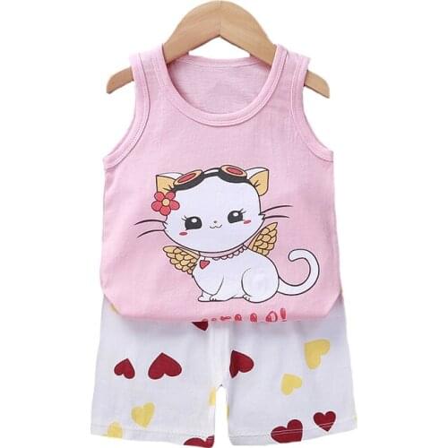 Summer Baby Boys Girls Clothing Set Pure Cotton Cartoon Cat Cute Suit For Girl Vest + Pants 2 Pcs Suit Toddler Kids Outfits