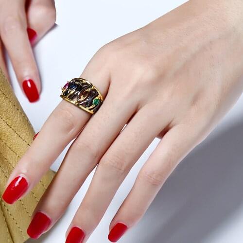Fashion designer black finger ring with multi colorful stones anel feminino anillos bague aneis jewelry copper rings for women