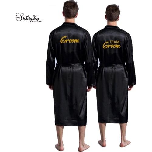 Sisbigdey team groom Robes satin long robe men gold writing wedding party groom kimono robe male pajamas honeymoon trip Robes