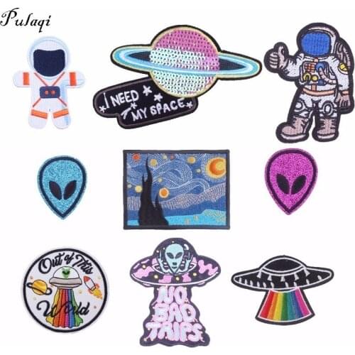 Pulaqi American Astronaut Embroidery Patches Sticker Iron On Astronaut Badges Loch Planet Parches Diy Clothes Decor Alien Ufo H