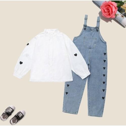 Autumn Girls Clothing Sets for Kids White Shirts & Denim Overalls 2pcs Kids Clothes Casua Children Outfits for 8 10 12 14 Years