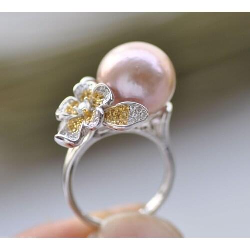 P7736 Natural 13mm Lavender Round KESHI Edison Pearl Flower Ring
