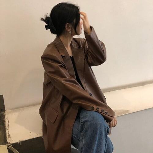 New Women Vintage Brown Faux PU Leather Blazers Autumn Loose Notched Collar Long Sleeve Women Suit Jacket Casual Vetement Femme