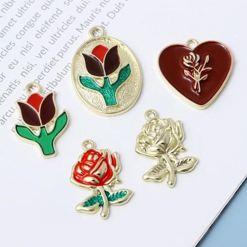 10PCS DIY Handmade Retro Dimensional Wind Dripping Oil Red Rose Tulip Flower Alloy Pendant Jewelry Earrings Accessories Material