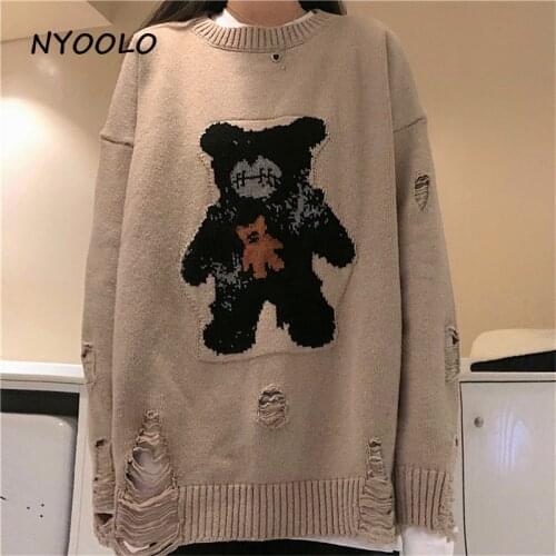 NYOOLO Casual street Bear jacquard destroyed hole knitted sweater Autumn winter loose O-neck warm pullover sweater women men
