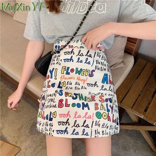 High Waist A-Line Cartoon Letter Short Skirts 2021 Summer Girls Student Fashion Trendy Slim Streetwear Lady Personality Clothing