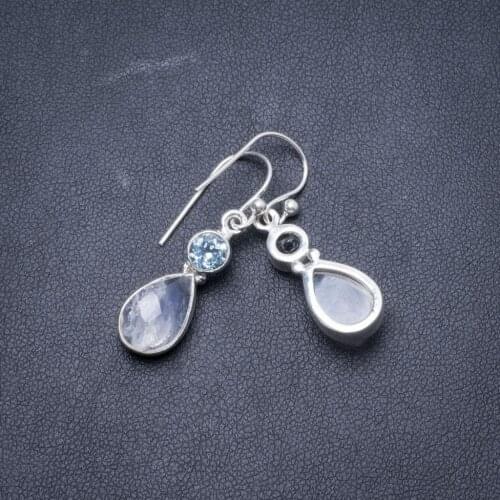 Natural Rainbow Moonstone and Blue Topaz Handmade Unique 925 Sterling Silver Earrings 1 1/4" Y2056