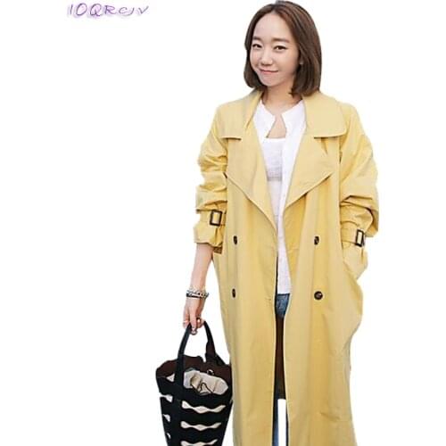 2018 spring autumn female coat windbreaker yellow thin Casual women coat plus size slim trench coat women long coat IOQRCJV T279