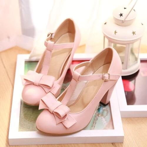 Lolita Shoes Pink T Strap High Heels Cute Bow Pumps Mary Jane Block Heels Sweet Cosplay Women Shoes Green Big Size 32 33 42 43