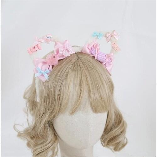 Lolita Plush Bear Cat Ears KC Headband Sweet Lolita Pink Purple Coffee Bow Headband Hair Accessories B1752