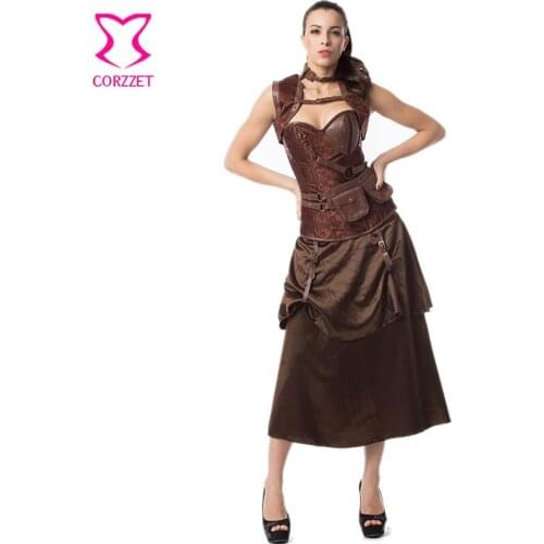Vintage Brown Brocade Steel Boned Overbust Corset Dress Steampunk Skirt Korsett For Women Gothic Clothing Sexy Bustier Dresses