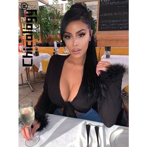 Chicology fur long sleeve lace up T-shirt women v neck sexy tshirt crop top 2019 autumn winter streetwear t shirt casual clothes