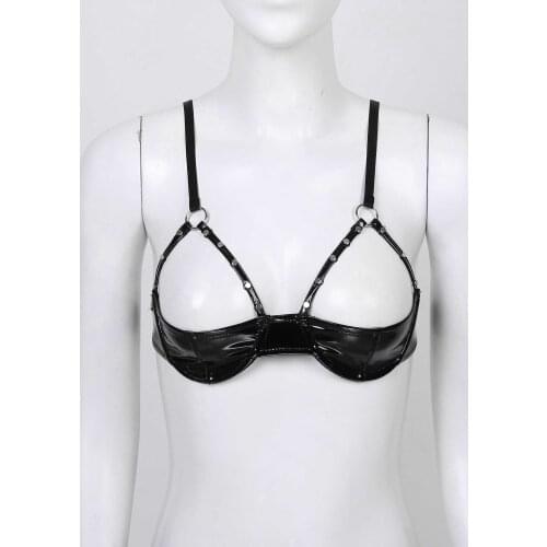 Women Adult Sexy Bra Lingerie Bustier Bralette Top Black Shiny PU Leather Open Cups Erotic Bras Rivet Strap Underwire Crop Tops