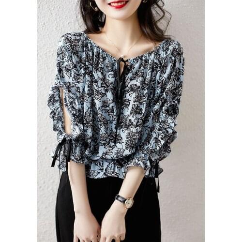 Flower Printed Off Shoulder Chiffon Blouses Shirts Casual Slash Neck Half Sleeve Women Spring Summer Style Blusas Tops