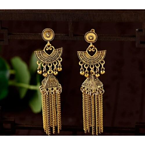 Classic Women Jhumka Jhumki Gold Indian Earrings Fashion Jewelry Bohemia Gypsy Long Tassel Statement Afghan Egypt Turkish