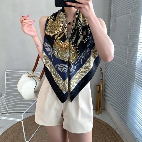 Scarf Silk Satin Bandana Women Summer Square 90*90cm Small Bag Wrap Bohemian Paisley Ladies Scarves Indian Muslim Kerchief Shawl