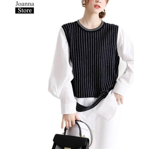 Spring Striped Splicing Fake Two Wool knitting Sweater O-Neck Lantern Sleeve Vintage Tops Autumn Loose Plus Size Clothes Female