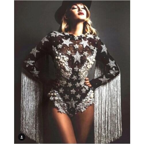 Sexy Black Silver Fringes Crystals Bodysuit Women Stage Show Stretch Leotard Nightclub Party Big Pearls Costume Dance Bodysuit