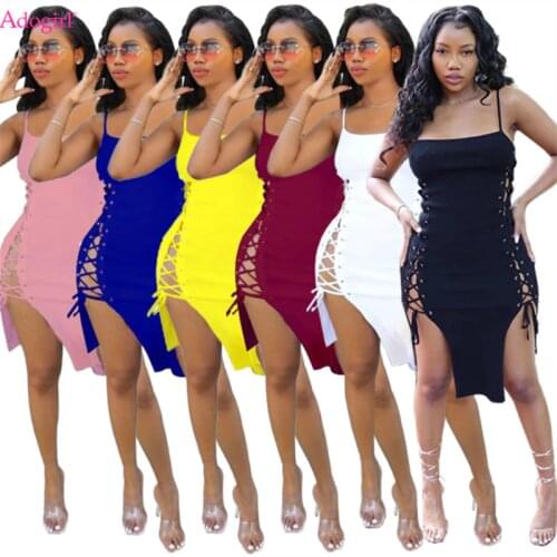 Adogirl Women Solid Grommet Lace Up Bandage Dress Fashion Sexy Spaghetti Straps Bodycon Knee Length Vestidos Club Party Outfits