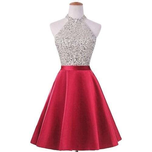 Hot Sale Prom Party Dress 2019 robe de soriee Halter Heavy Beading Red/Blue Satin Sexy Open Back Short Mini Homecoming Dress