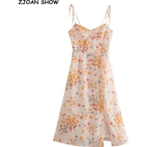2021 Vintage France Floral Print Lacing up Adjust Spaghetti Strap Midi Dress Sexy Women Elastic Back Side Split Sling Robe