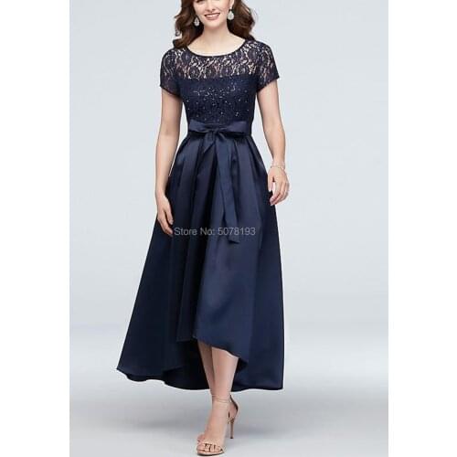 8193 Grace Navy O-neck natural A-line high-low lace&matte satin evening dresses/formal gowns fashion 2019 bow free shipping
